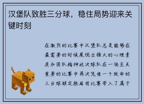 汉堡队致胜三分球，稳住局势迎来关键时刻