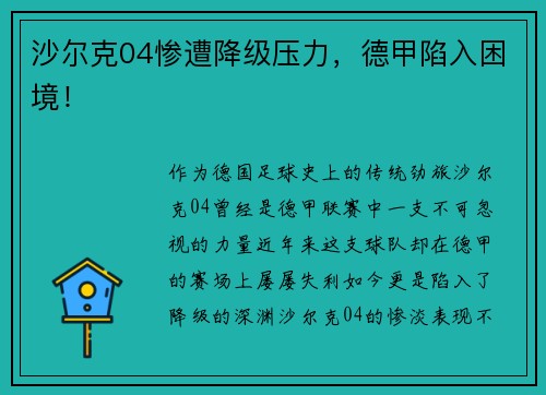 沙尔克04惨遭降级压力，德甲陷入困境！